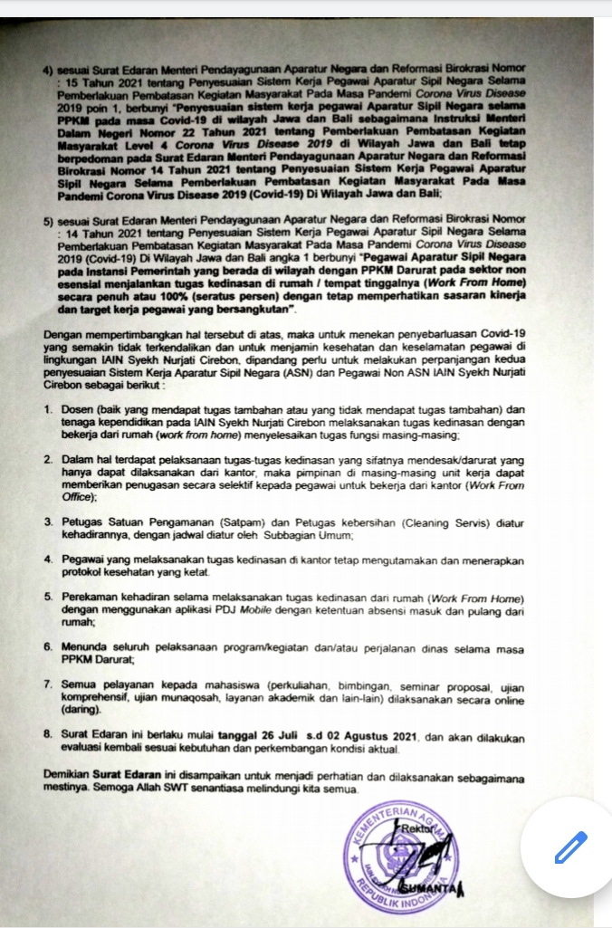 SURAT EDARAN PERPANJANGAN KEDUA PENYESUAIAN SISTEM KERJA PEGAWAI IAIN SYEKH NURJATI CIREBON SELAMA PPKM LEVEL 4