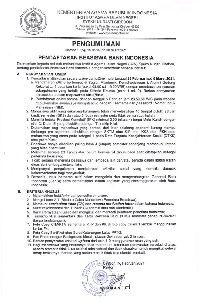 Pengumuman Pendaftaran Beasiswa Bank Indonesia