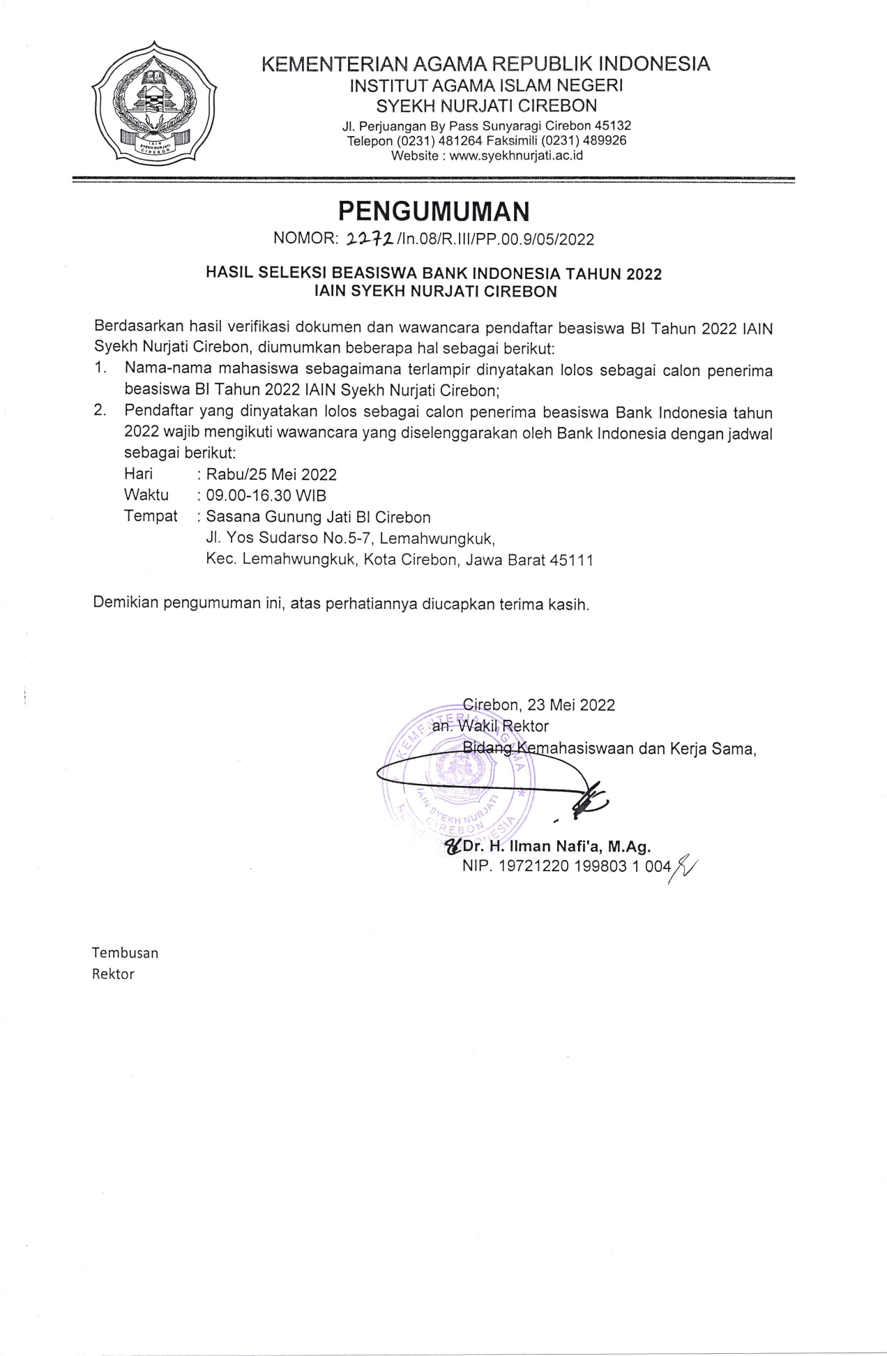 Hasil Seleksi Beasiswa Bank Indonesia Tahun 2022