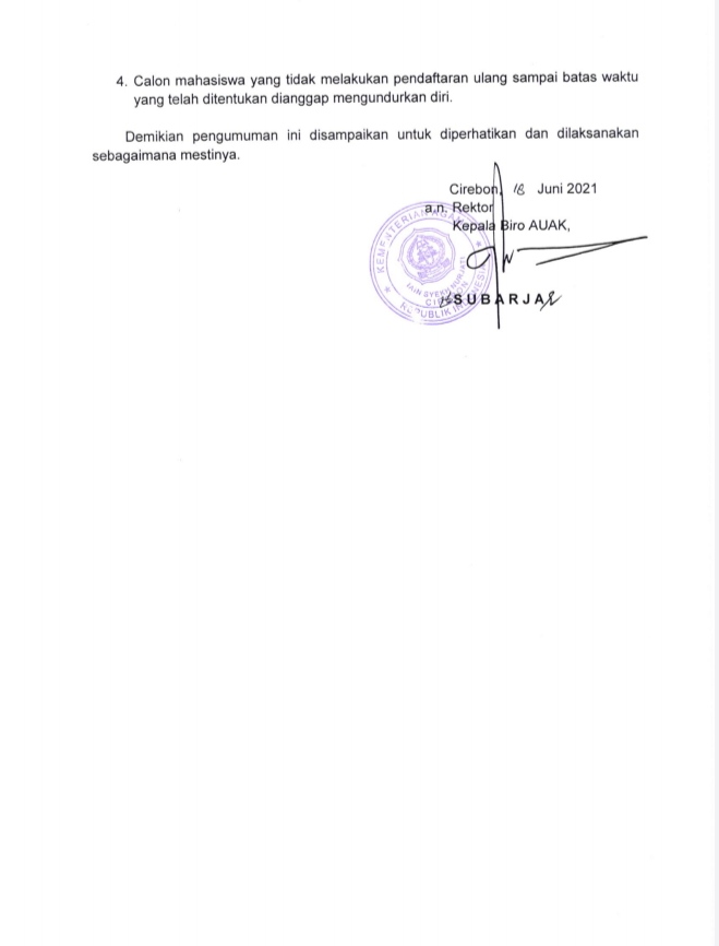 PENGUMUMAN REGISTRASI ULANG CALON MAHASISWA BARU UMPTKIN