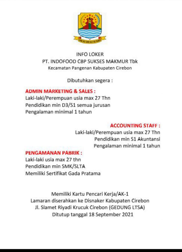 LOWONGAN KERJA PT. INDOFOOD CBP SUKSES MAKMUR KABUPATEN CIREBON