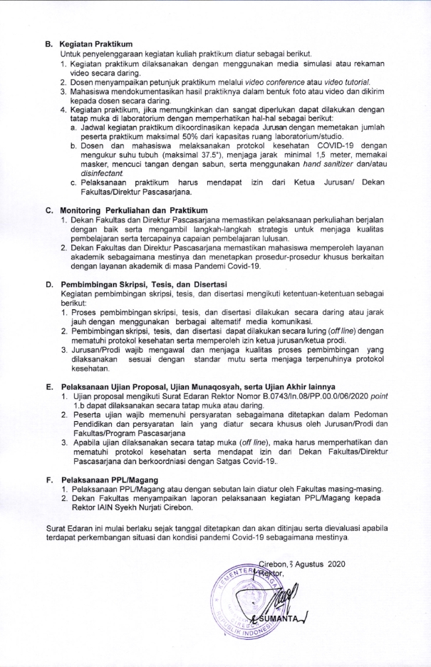 SURAT EDARAN REKTOR IAIN SYEKH NURJATI CIREBON TENTANG PELAKSANAAN KEGAITAN AKADEMIK SEMESTER GANJIL TA 2020/2021