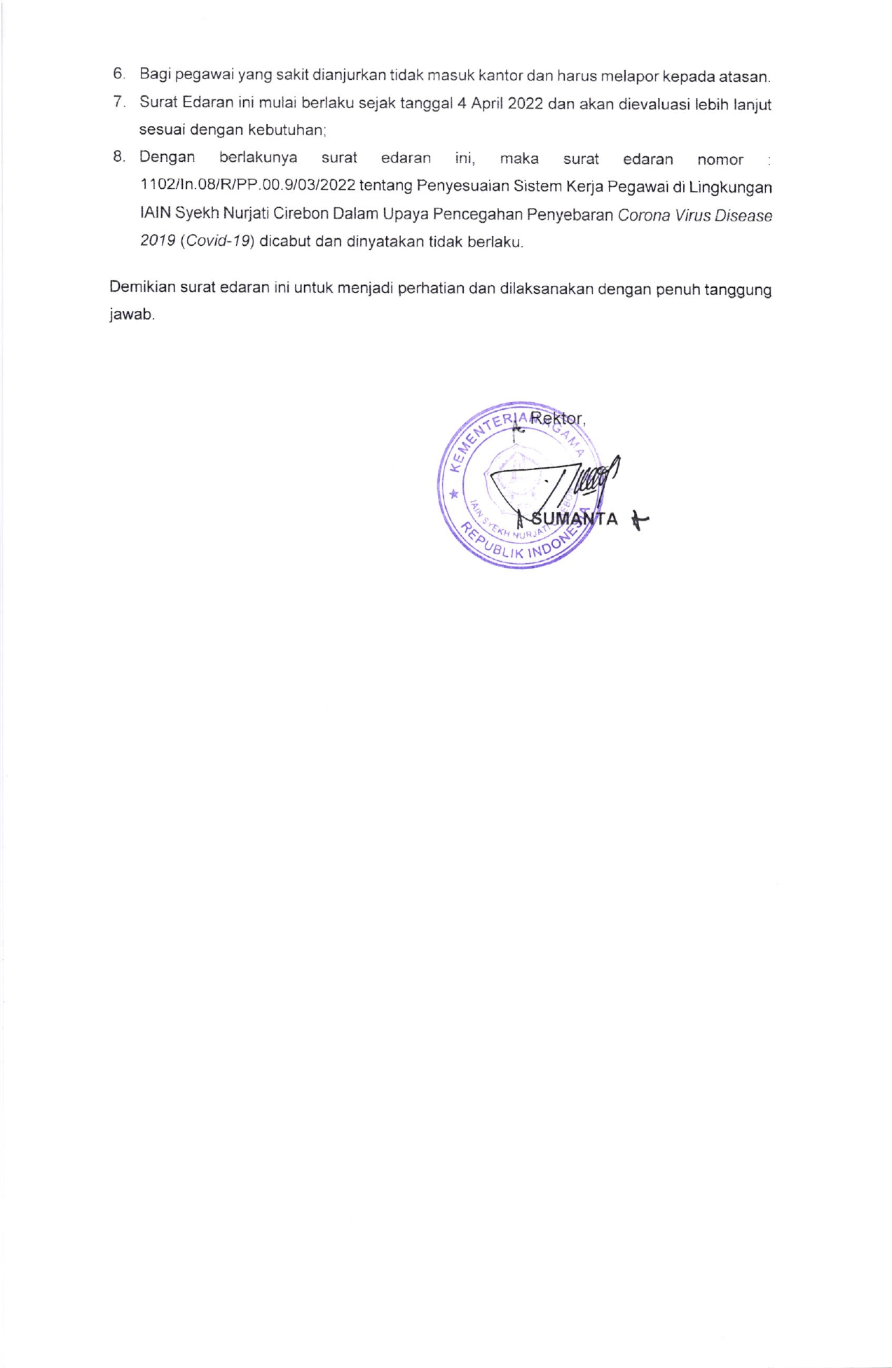 Surat Edaran Pelaksanaan Tugas Kedinasan dan Penetapan Jam Kerja Pada Bulan Ramadhan 1443 Hijriah