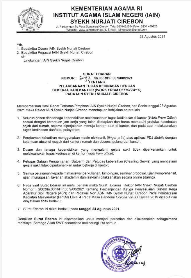 SURAT EDARAN PELAKSANAAN TUGAS KEDINASAN DENGAN BEKERJA DARI KANTOR (WFO)