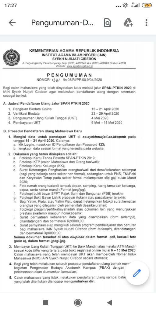 PENGUMUMAN JADWAL DAFTAR ULANG SPAN PTKIN 2020 IAIN SYEKH NURJATI CIREBON