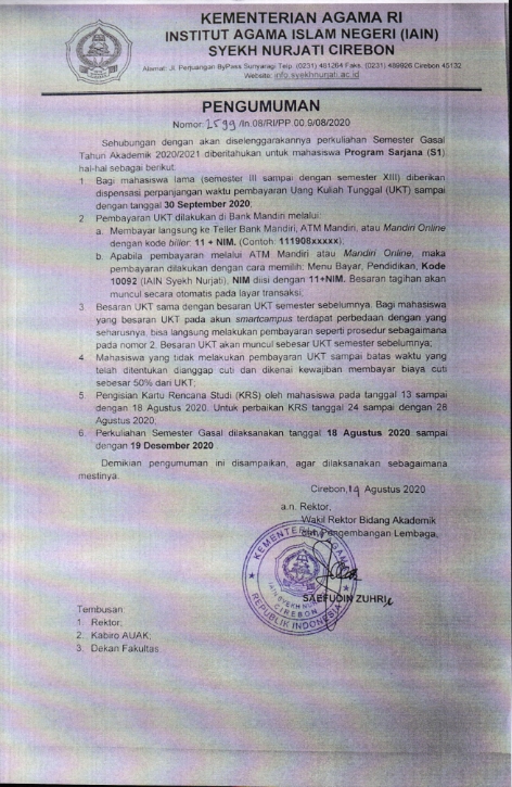 PENGUMUMAN PENYELENGGARAAN PERKULIAHAN SEMESTER GASAL TA 2020/2021