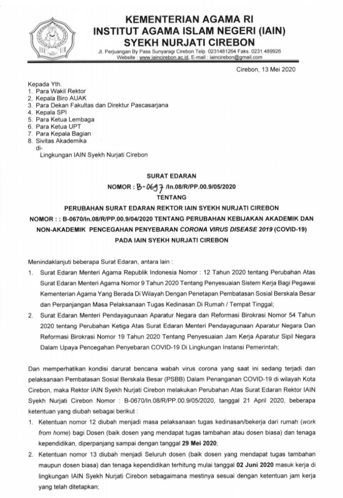 SURAT EDARAN TENTANG PERUBAHAN SURAT EDARAN REKTOR IAIN SYEKH NURHATI CIREBON NO. B-0670/IN.08/R/PP.00.9/04/2030 TENTANG PERUBAHAN KEBIJAKAN AKADEMIK DAN NON-AKADEMIK PENCEGAHAN PENYEBARAN CORONA VIRUS DISEASE 2019 (COVID-19) PADA IAIN SYEKH NURJATI CIREB