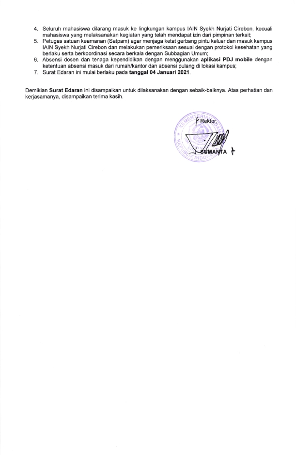 SURAT EDARAN REKTOR IAIN SYEKH NURJATI TENTANG KEBIJAKAN AKADEMIK DAN NON-AKADEMIK SEMESTER GENAP TA 2020/ 2021