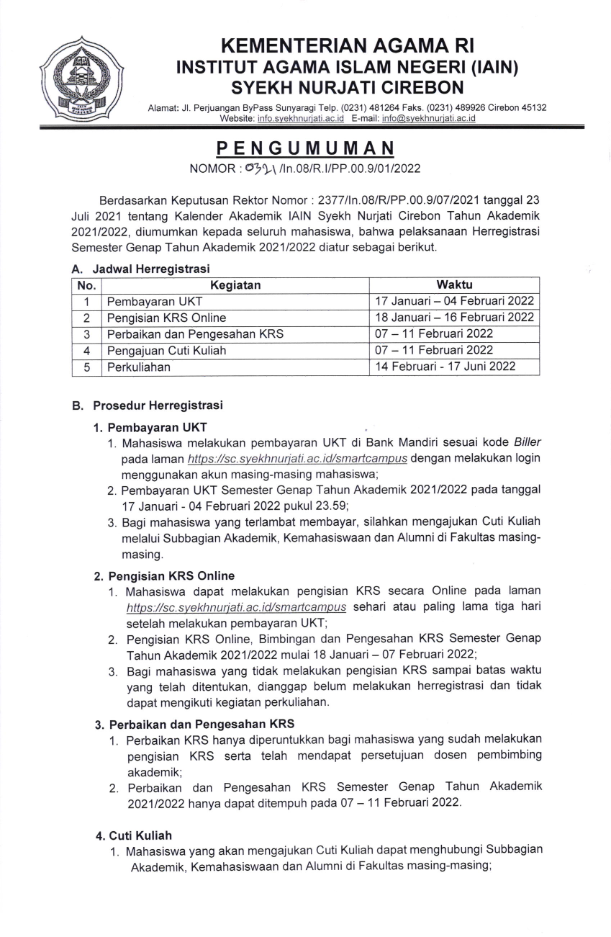 Informasi Kegiatan Akademik Semester Genap TA.2021/2022