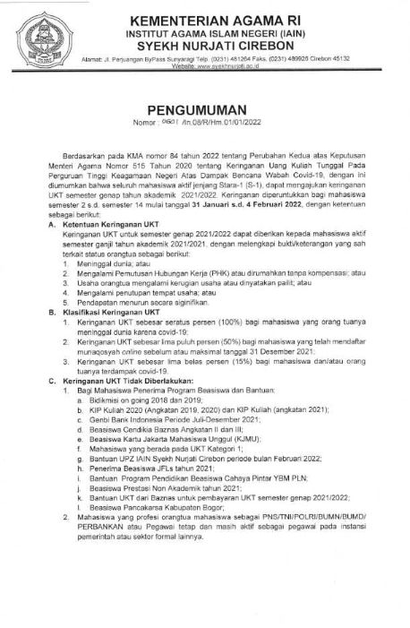 Pengumuman Keringanan UKT Semester Genap TA.2021/2022