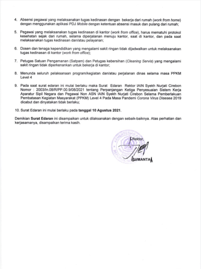 PENYESUAIAN SISTEM KERJA PEGAWAI ASN DAN NON ASN IAIN SYEKH NURJATI CIREBON DENGAN PEMBAGIAN WFO DAN WFH SELAMA PPKM LEVEL 4