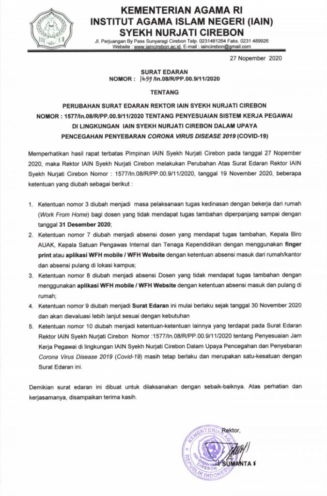 PERUBAHAN SURAT EDARAN REKTOR IAIN SYEKH NURJATI CIREBON TENTANG PENYESUAIAN SISTEM KERJA PEGAWAI