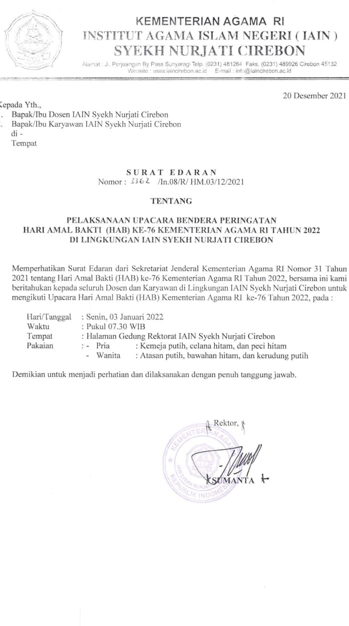 SURAT EDARAN PELAKSANAAN UPACARA BENDERA PERINGATAN HARI AMAL BHAKTI KEMENTRIAN AGAMA KE 76