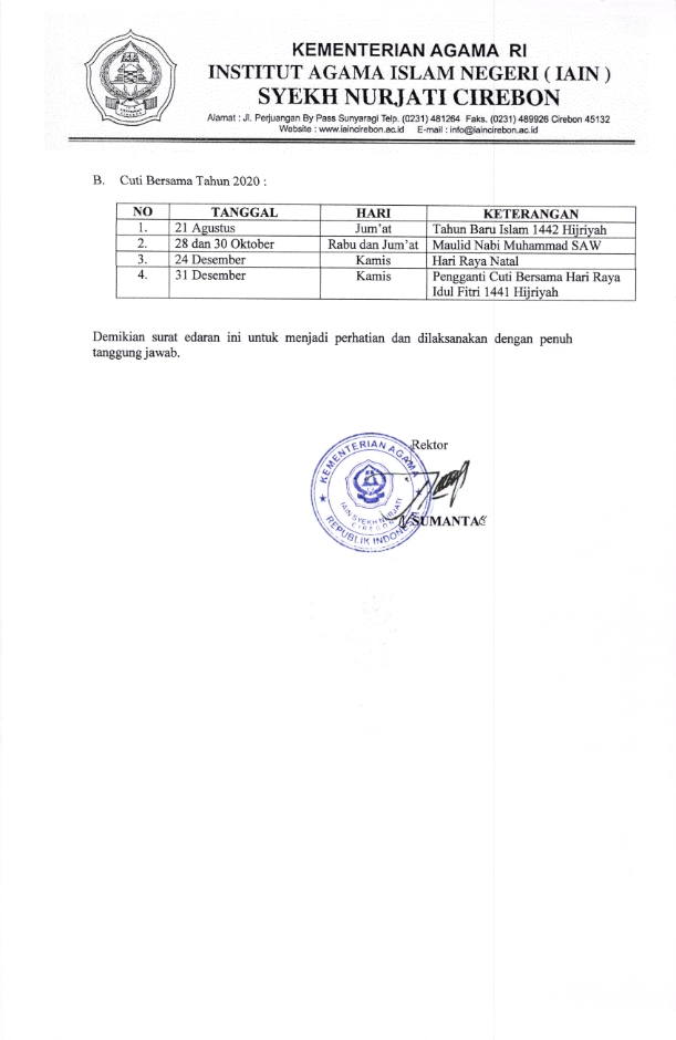SURAT EDARAN REKTOR IAIN SYEKH NURJATI TENTANG PENETAPAN PERUBAHAN HARI LIBUR NASIONAL DAN CUTI BERSAMA DILINGKUNGAN IAIN SYEKH NURJATI CIREBON TAHUN 2020