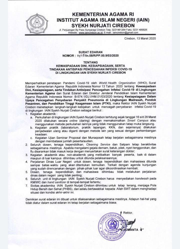 SURAT EDARAN REKTOR IAIN SYEKH NURJATI CIREBON TERKAIT ANTISIPASI PENCEGAHAN INFEKSI COVID -19