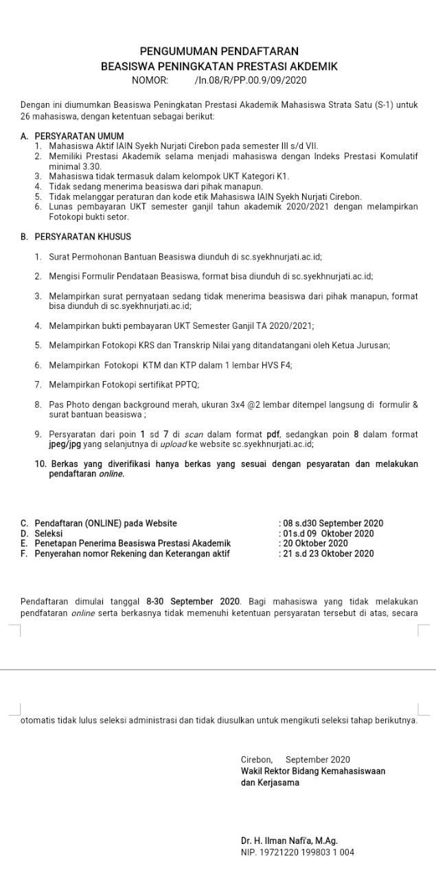 PENGUMUMAN PENDAFTARAN BEASISWA PENINGKATAN PRESTASI AKADEMIK