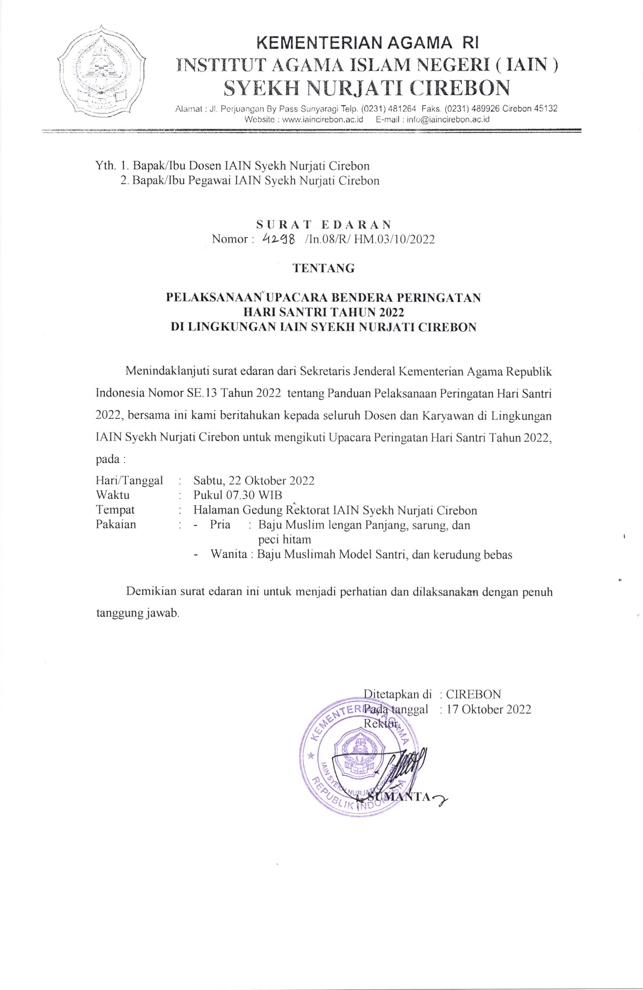 Pelaksanaan Upacara Bendera Peringatan Hari Santri Tahun 2022