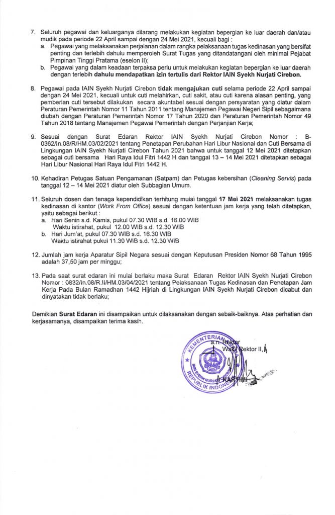 SURAT EDARAN TENTANG PELAKSANAAN TUGAS KEDINASAN DENGAN WFO DAN PEMBATASAN KEGIATAN BEPERGIAN KELUAR DAERAH/ MUDIK/CUTI BAGI PEGAWAI IAIN SYEKH NURJATI CIREBON