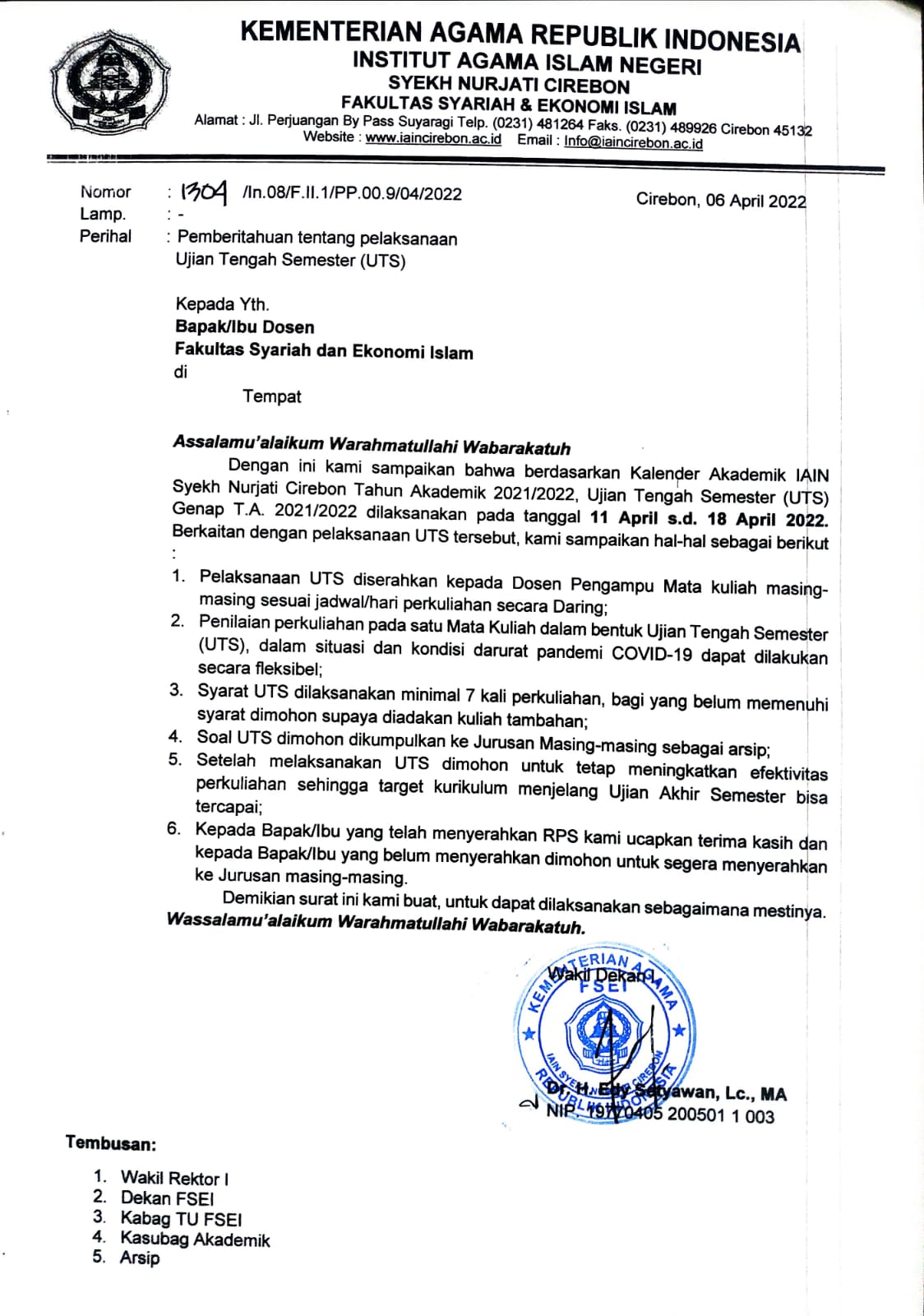 Pemberitahuan Tentang Pelaksanaan Ujian Tengah Semester (UTS)