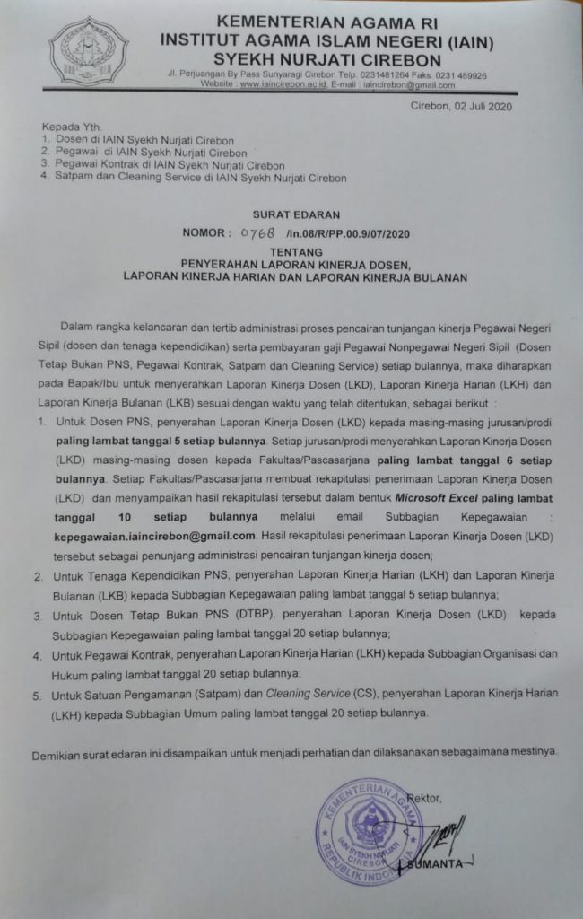 SURAT EDARAN REKTOR IAIN SYEKH NURJATI CIREBON TENTANG PENYERAHAN LAPORAN KINERJA DOSEN, LAPORAN KINERJA HARIAN DAN LAPORAN KINERJA BULANAN