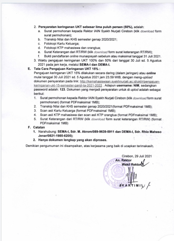 PENGUMUMAN KERINGANAN PEMBAYARAN UKT SEMESTER GANJIL TA 2021/ 2022