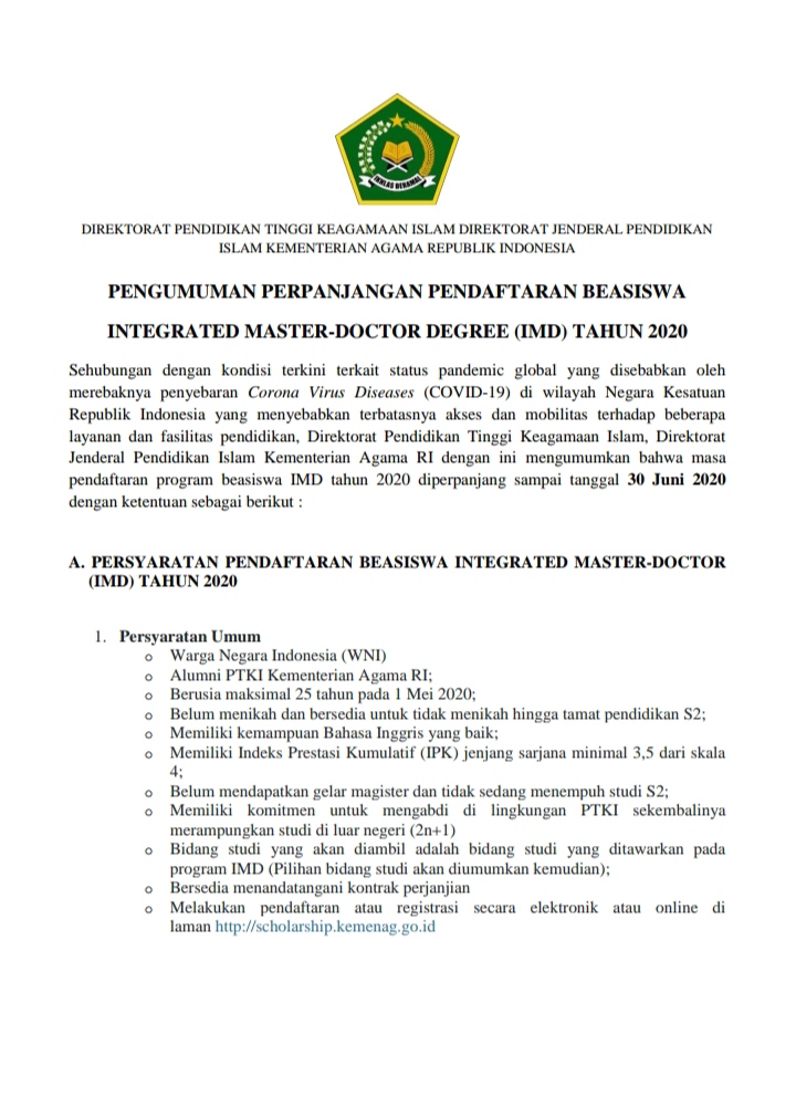 PENGUMUMAN PERPANJANGAN BEASISWA INTEGRATED MASTER-DOCTOR DEGREE (IMD) TAHUN 2020
