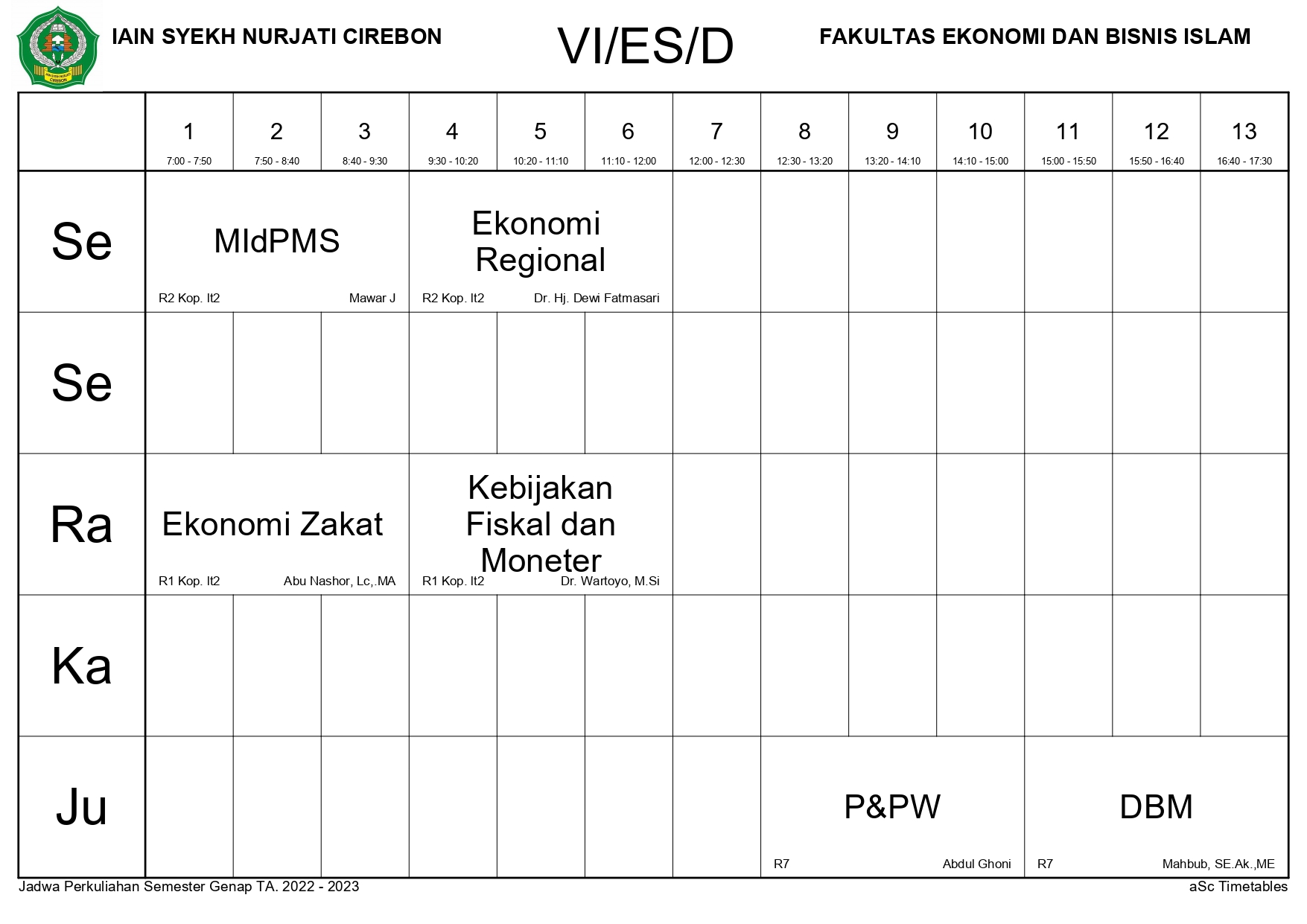 Jadwal Perkuliahan Jurusan Ekonomi Syariah Tahun Akademik 2022/2023 Genap