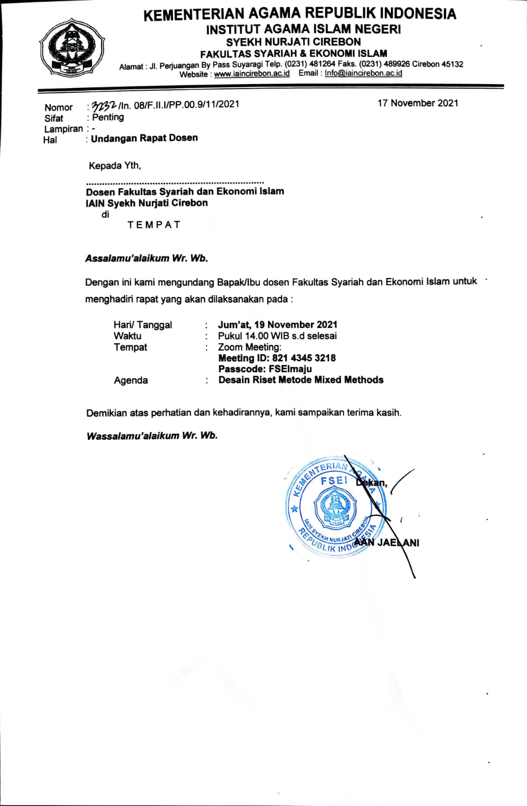 UNDANGAN RAPAT DOSEN DAKULTAS SYARIAH DAN EKONOMI ISLAM