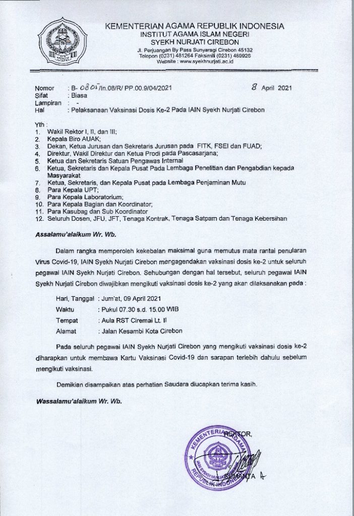 PELAKSANAAN VAKSINASI DOSIS KE-2 PADA IAIN SYEKH NURJATI CIREBON