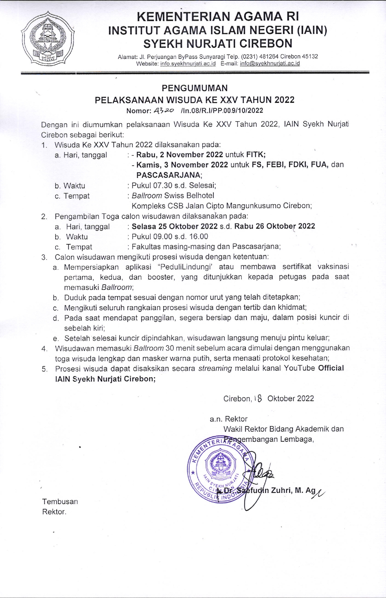 Pengumuman Pelaksanaan Wisuda XXV Tahun 2022 IAIN Syekh Nurjati Cirebon