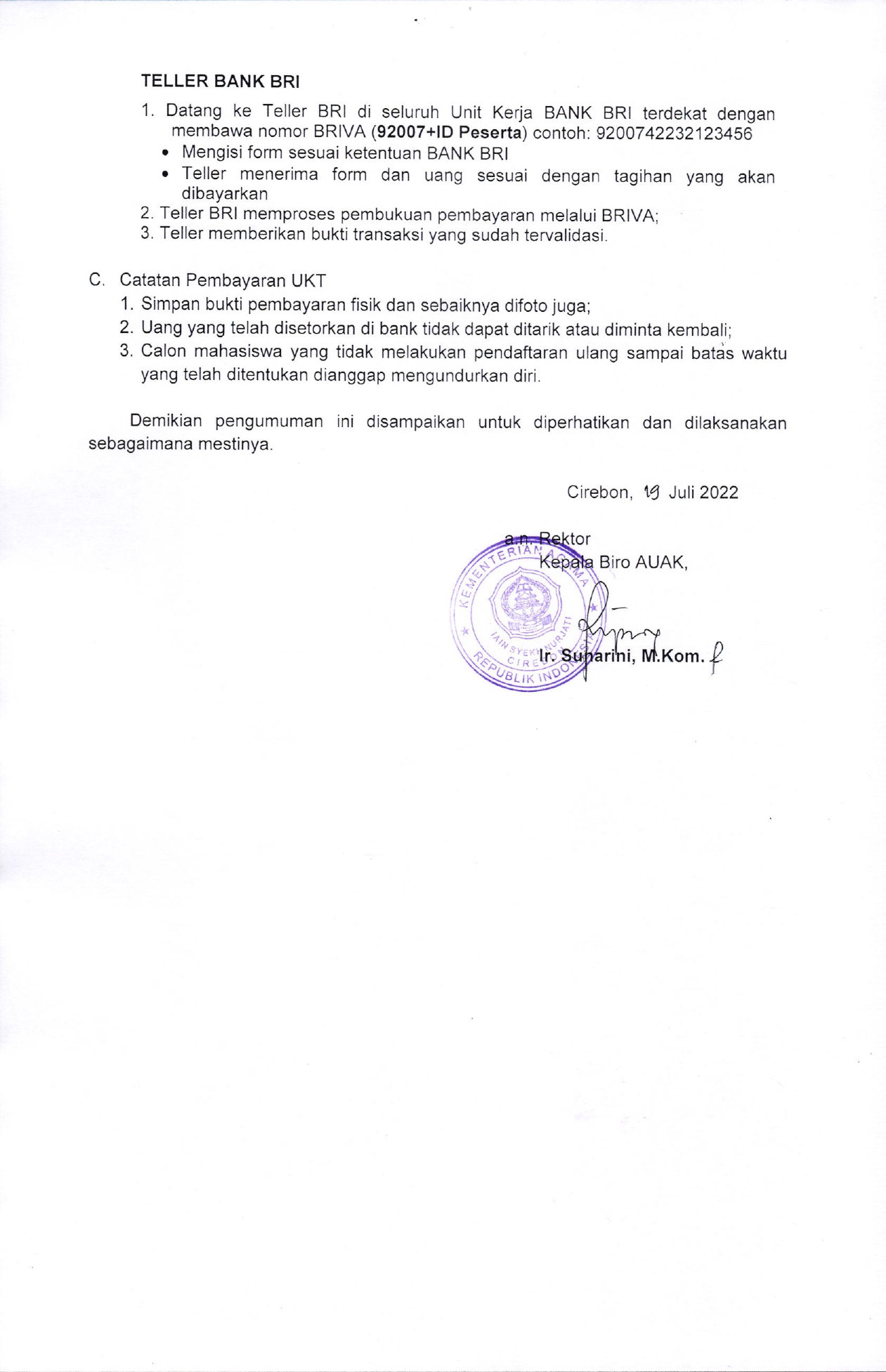 Pengumuman Pembayaran Uang Kuliah Tunggal (UKT) Tahun 2022