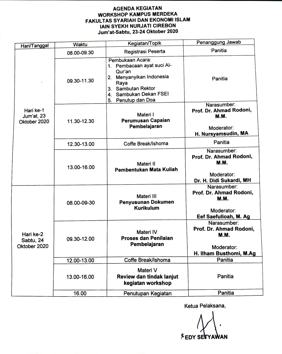 UNDANGAN WORKSHOP FSEI : PENYELARASAN KURIKULUM DALAM RANGKA MENYONGSONG ERA MERDEKA BELAJAR KAMPUS MERDEKA DI FSEI IAIN SYEKH NURJATI CIREBON