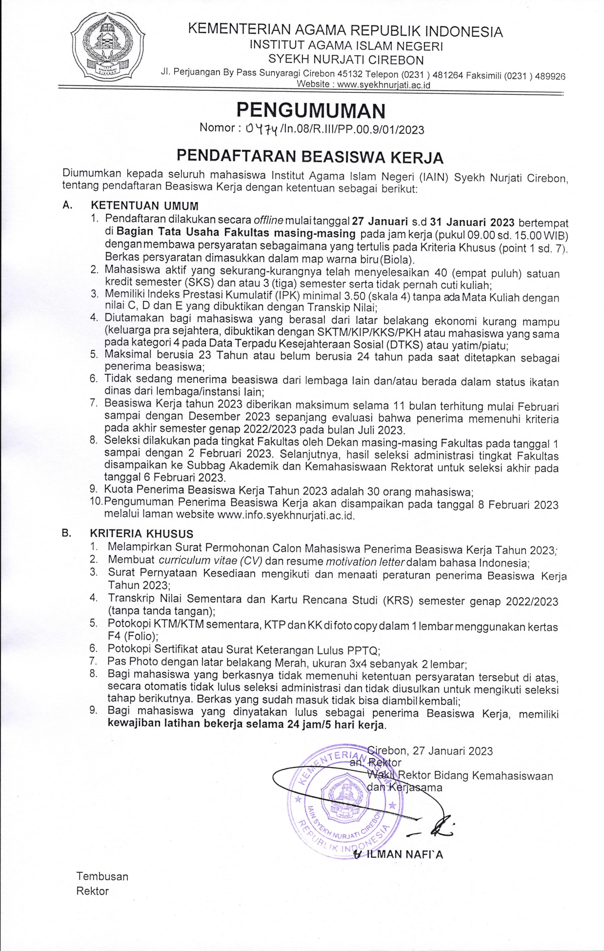 Pengumuman Pendaftaran Beasiswa Kerja Bagi Seluruh Mahasiwa IAIN Syekh Nurjati Cirebon