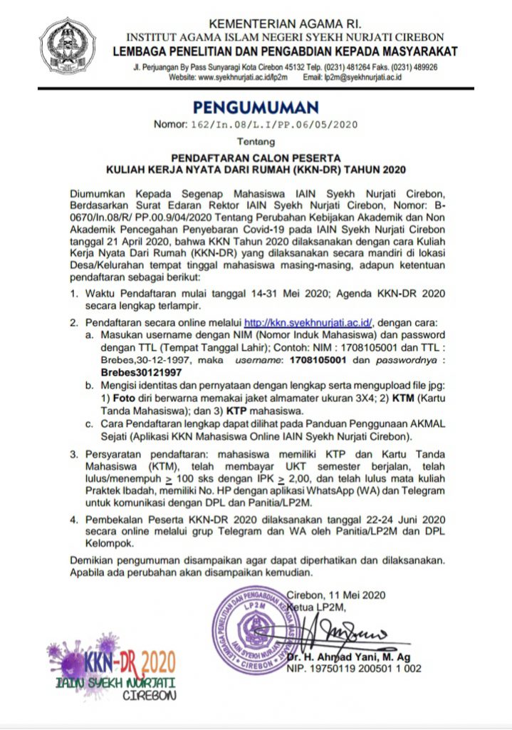 PENGUMUMAN PENDAFTARAN CALON PESERTA KULIAH KERJA NYATA (KKN-DR) TAHUN 2020