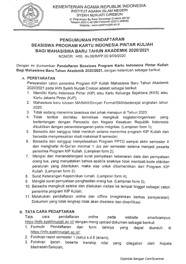 PENGUMUMAN PENDAFTARAN BEASISWA PROGRAM KARTU INDONESIA PINTAR KULIAH BAGI MAHASISWA BARU TAHUN 2020