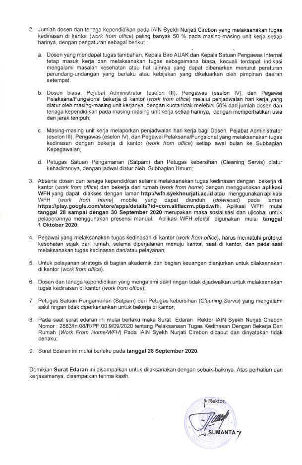 SURAT EDARAN REKTOR IAIN SYEKH NURJATI TENTANG KEBIJAKAN AKADEMIK DAN NON AKADEMIK SELAMA PELAKSANAAN ADAPTASI KEBIASAAN BARU (AKB) DALAM RANGKA PENCEGAHAN DAN PENGENDALIAN COVID-19 PADA IAIN SYEKH NURJATI CIREBON