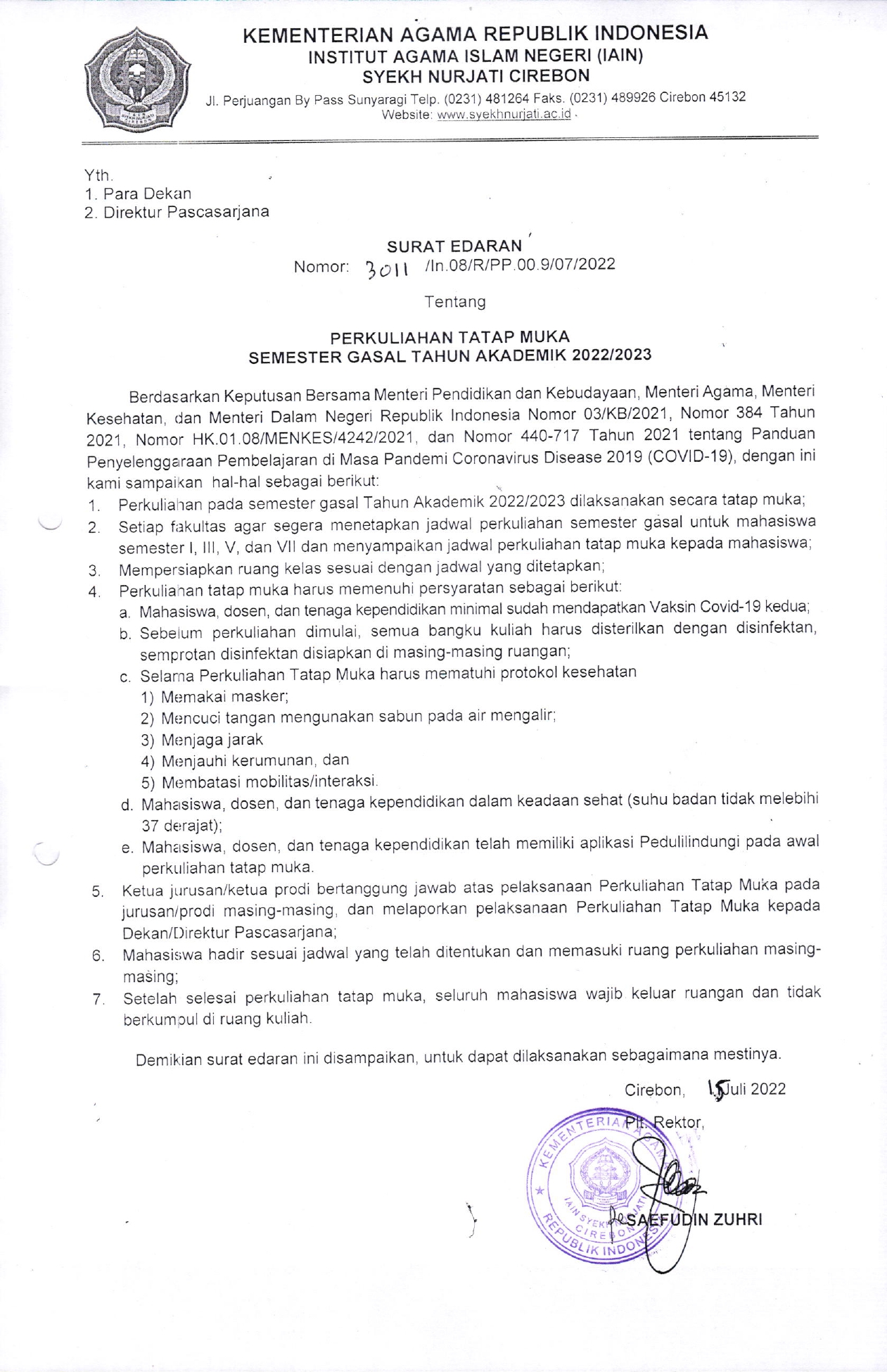 Pengumuman Perkuliahan Tatap Muka Semester Gasal Tahun Akademik 2022/2023