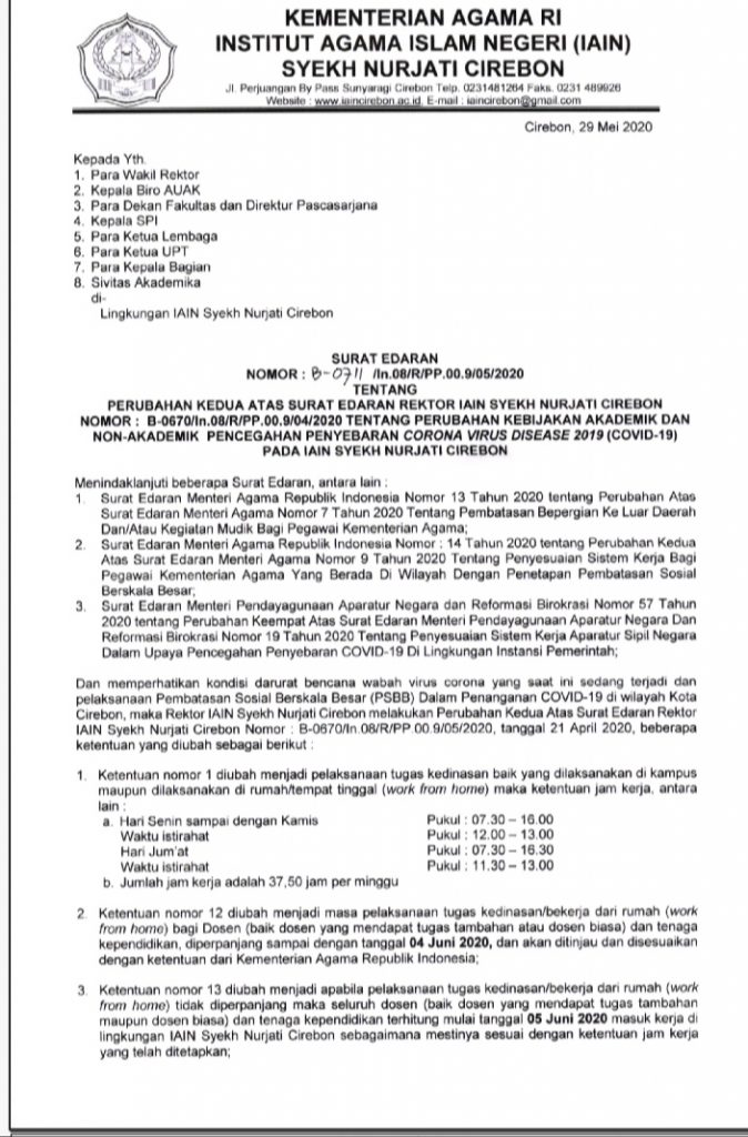 SURAT EDARAN TENTANG PERUBAHAN KEDUA ATAS SURAT EDARAN REKTOR IAIN SYEKH NURJATI CIREBON NOMOR : B-0680/IN.08/R/PP.00.9/04/2020 TENTANG PERUBAHAN KEBIJAKAN AKADEMIK DAN NON-AKADEMIK PENCEGAHAN PENYEBARAN CORONA VIRUS DISEASE 2019 (COVID-18) PADA IAIN SYEK