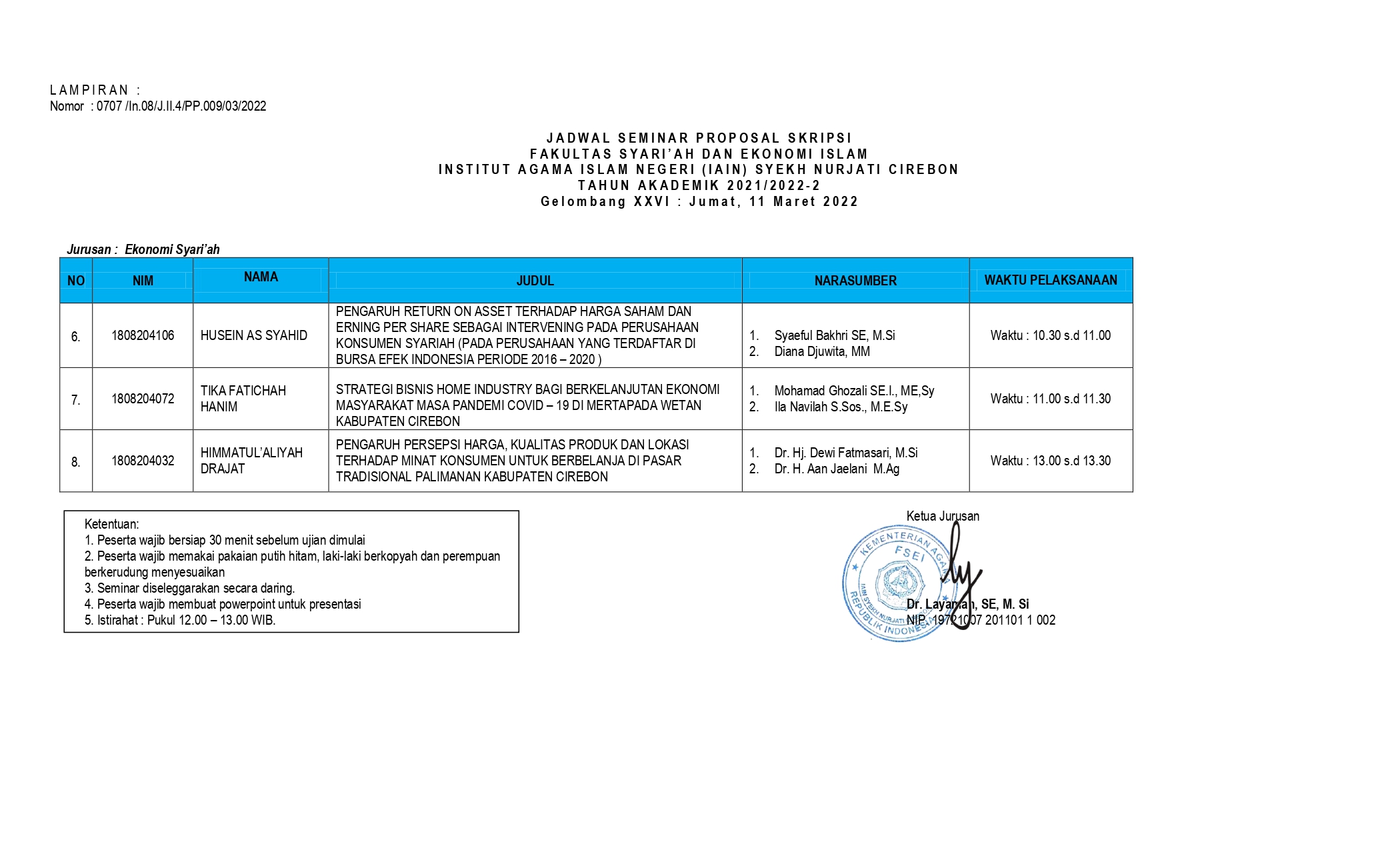 Jadwal Seminar Proposal Gel.XXVI Jurusan Ekonomi Syariah