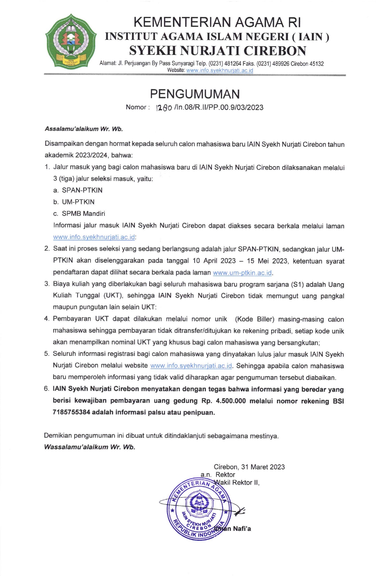 Pengumuman Bagi Mahasiswa Baru Tahun 2023
