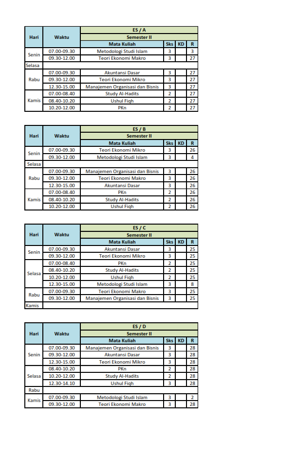 JADWAL PERKULIAHAN JURUSAN EKONOMI SYARIAH SEMESTER GENAP TAHUN AKADEMIK 2019/ 2020