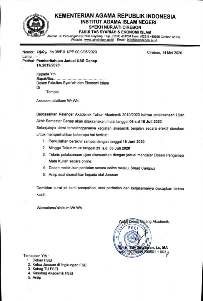 JADWAL UAS SEMESTER GENAP TA 2019/2020 FAKULTAS SYARIAH DAN EKONOMI ISLAM