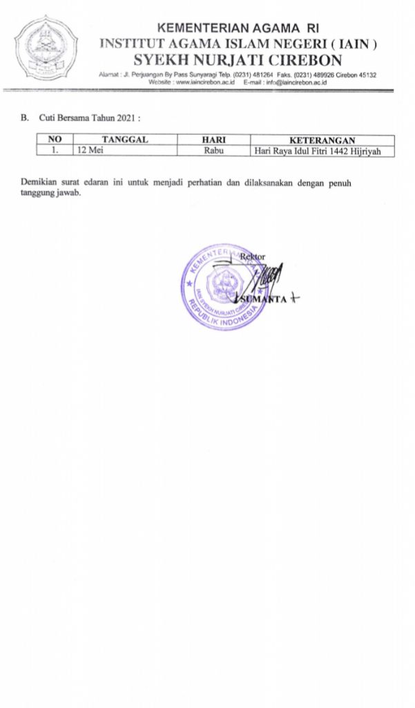 SURAT EDARAN PENETAPAN KEDUA HARI LIBUR NASIONAL DAN CUTI BERSAMA DI LINGKUNGAN IAIN SYRKH NURJATI CIREBON TAHUN 2021