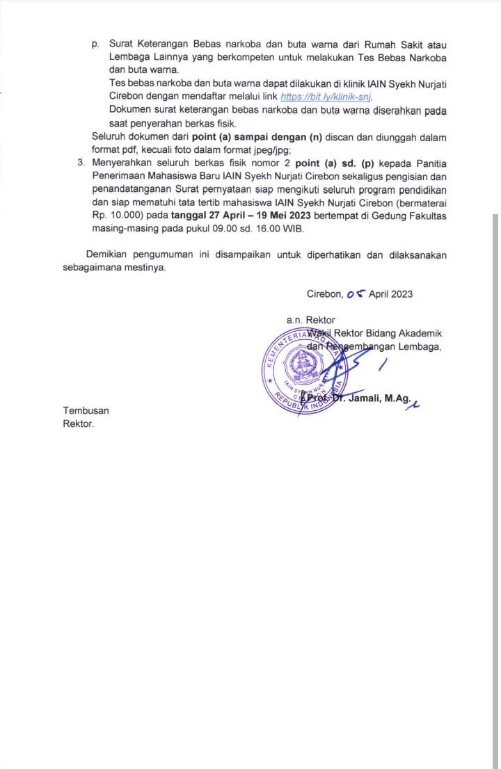 Pengumuman Daftar Ulang Calon Mahasiswa Baru IAIN Syekh Nurjati Cirebon