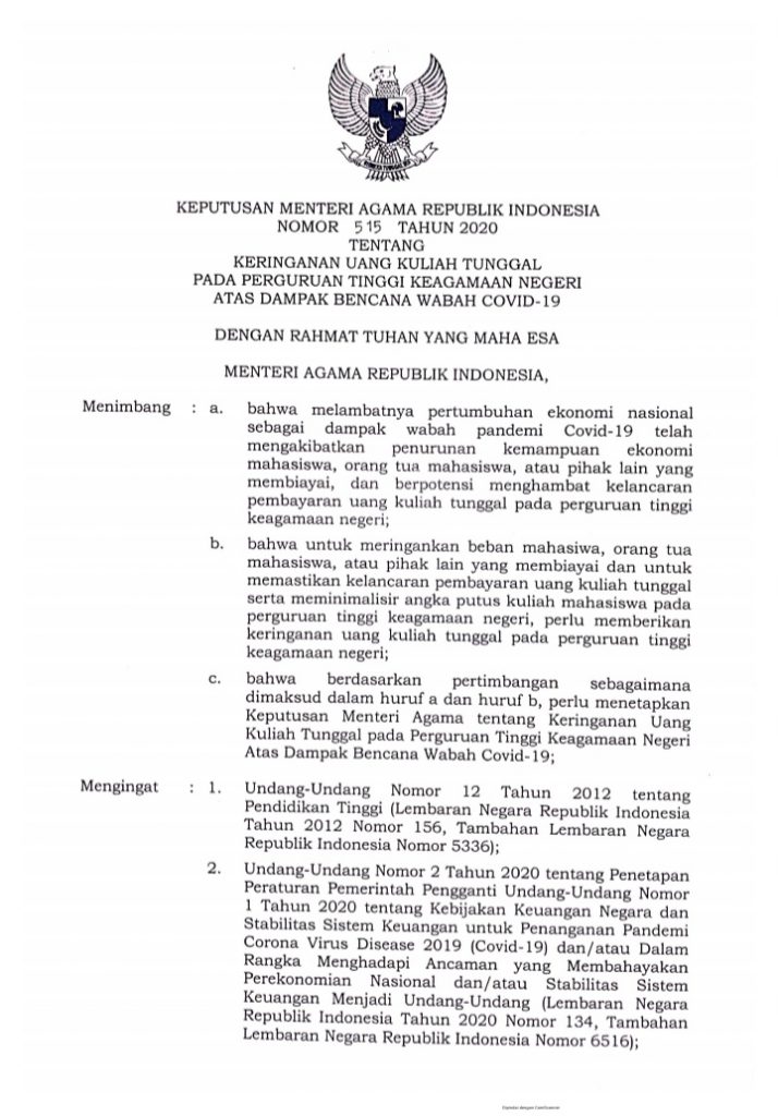 Kma no. 515 TAHUN 2020 TENTANG KERINGANAN UANG KULIAH TUNGGAL PADA PERGURUAN TINGGI KEAGAMAAN NEGERI ATAS DAMPAK BRNCANA WABAH COVID-19