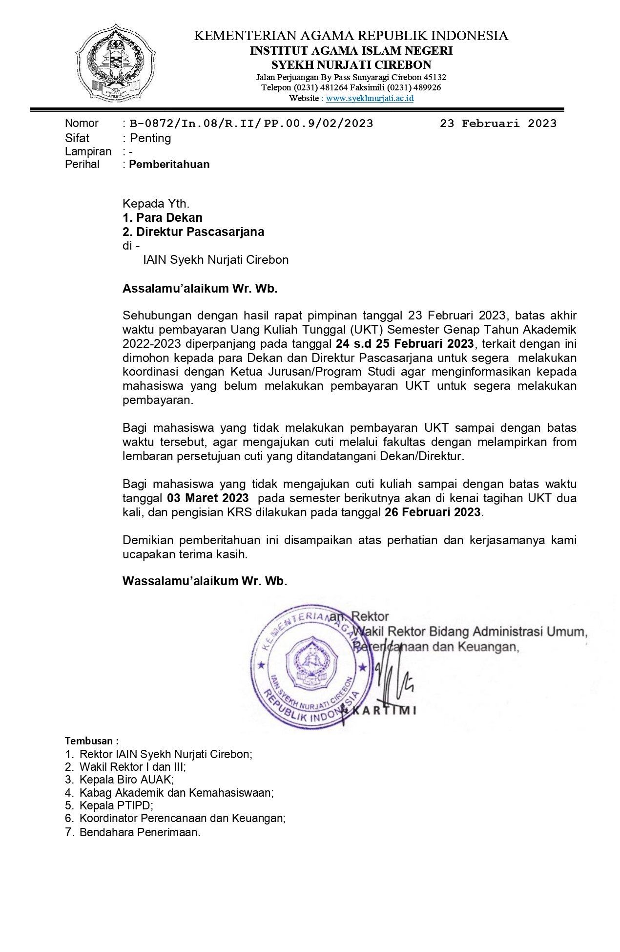 Pemberitahuan Perpanjangan Pembayaran UKT Semester Genap Tahun Akademik 2022/2023