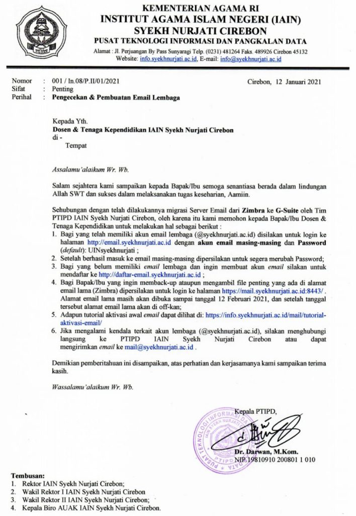 PEMBERITAHUAN INFORMASI PENGECEKAN DAN PEMBUATAN EMAIL LEMBAGA