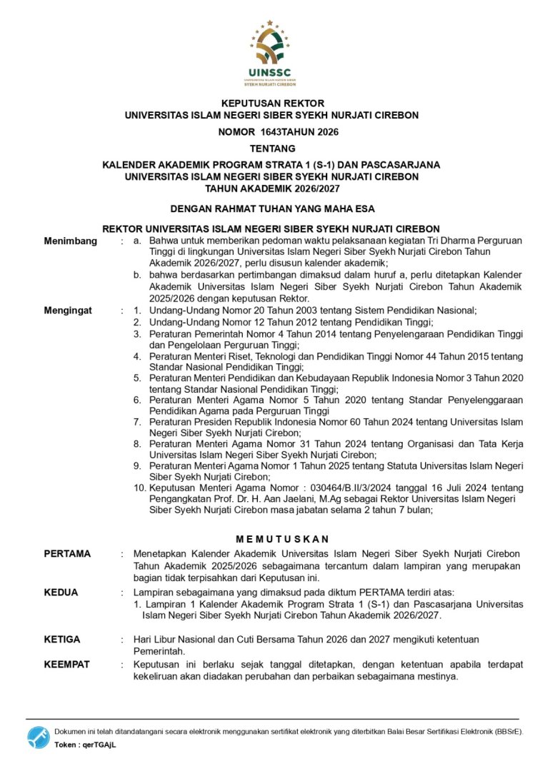 SK Kalender Akademik UIN Siber Syekh Nurjati Cirebon 2026/2027: Jadwal Cuti Kuliah, Pembayaran UKT, dan Masa Perkuliahan
