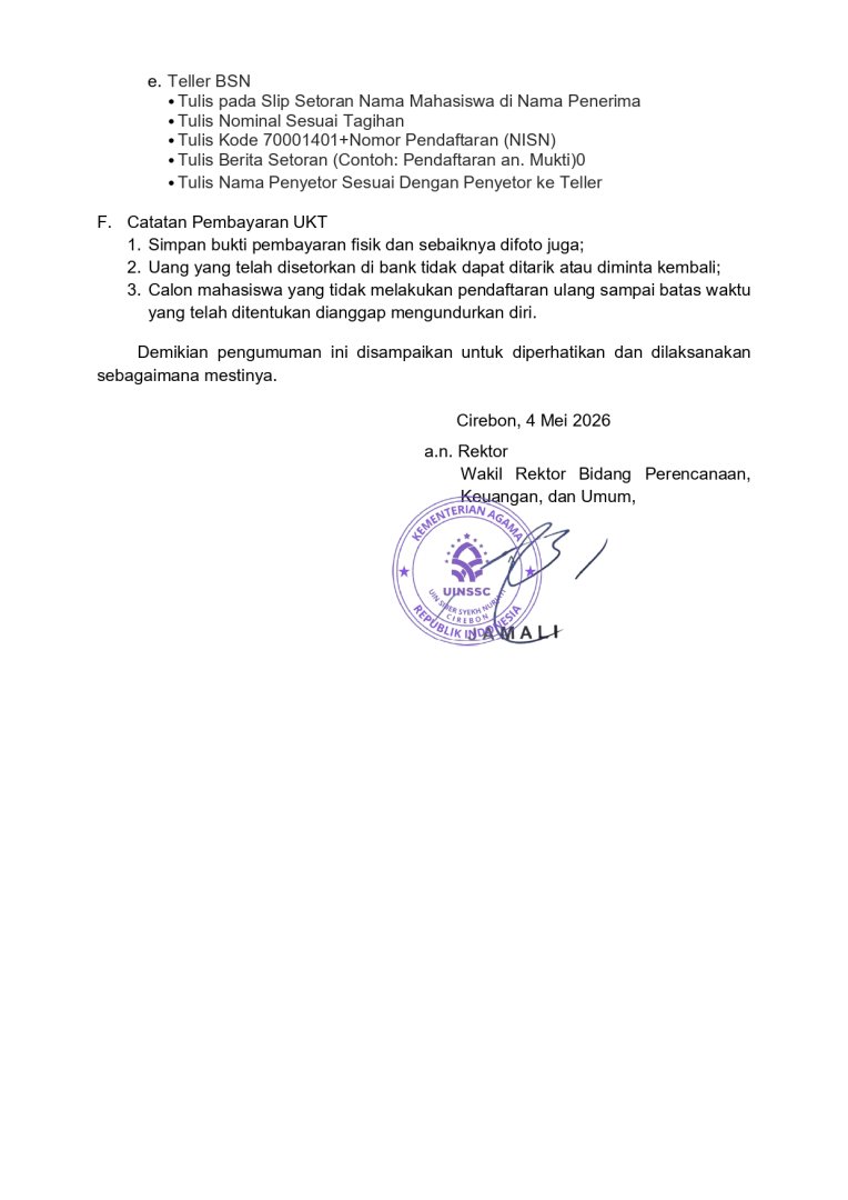 Pengumuman Pembayaran Uang Kuliah Tunggal (UKT) Calon Mahasiswa Baru Jalur SPAN-PTKIN Tahun 2026
